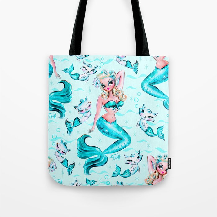 Pinup Mermaid with Merkittens Tote Bag Gallery Image 1