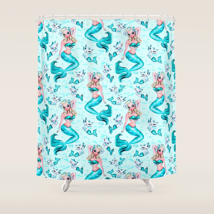 Pinup Mermaid with Merkittens Shower Curtain Gallery Image 1