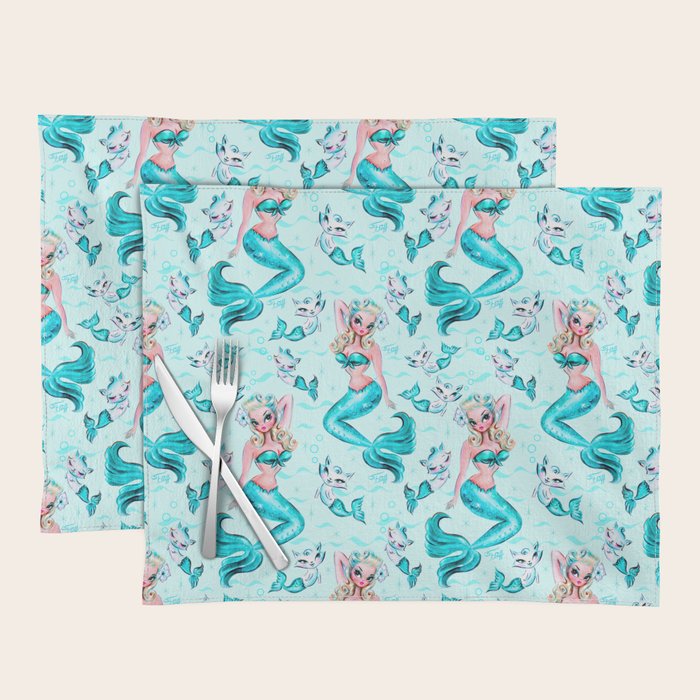Pinup Mermaid with Merkittens Placemat Gallery Image 1