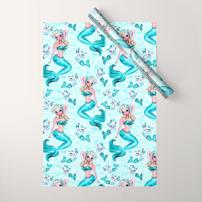 Pinup Mermaid with Merkittens Wrapping Paper Gallery Image 1