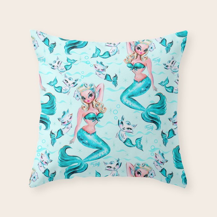 Pinup Mermaid with Merkittens Throw Pillow Gallery Image 1