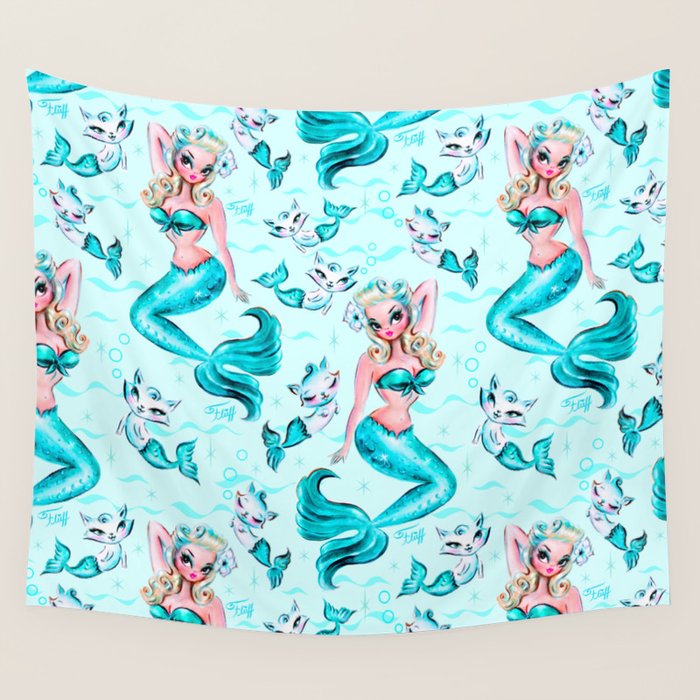 Pinup Mermaid with Merkittens Wall Tapestry Gallery Image 1