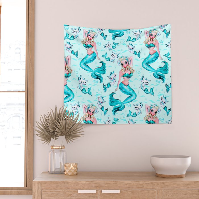 Pinup Mermaid with Merkittens Wall Tapestry Gallery Image 2