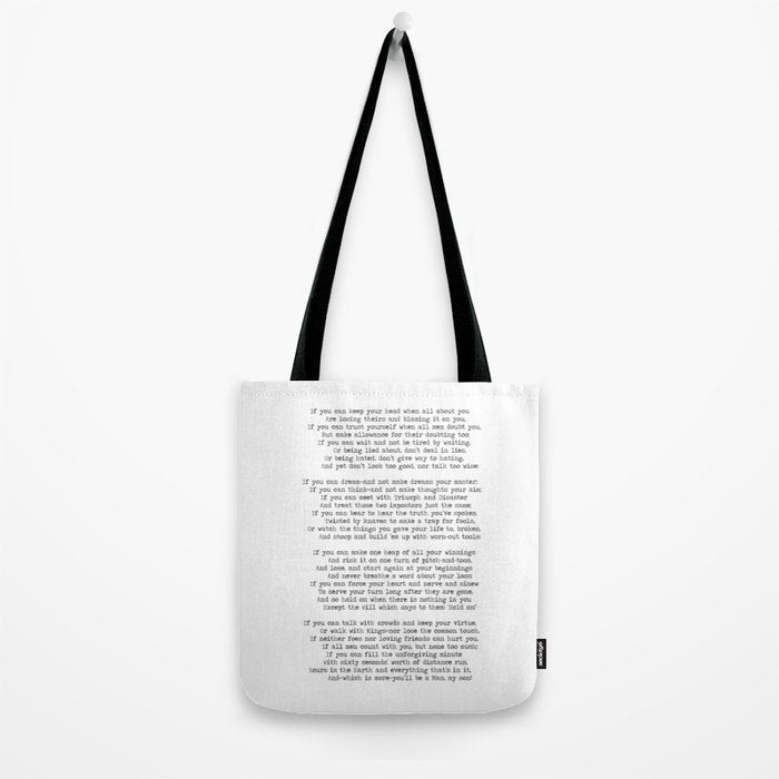 If quote by Rudyard Kipling -If you can keep your head when all about you        Are losing theirs and blaming it on you,    If you can trust yourself when all men doubt you, But make allowance for their doubting too;    Tote Bag Gallery Image 2