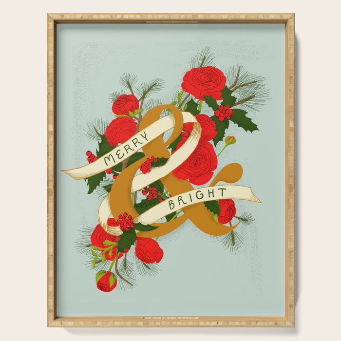 Merry and Bright Christmas Print - Soft Blue Serving Tray Gallery Image 1