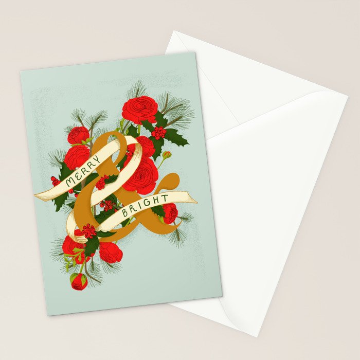 Merry and Bright Christmas Print - Soft Blue Stationery Card Gallery Image 2