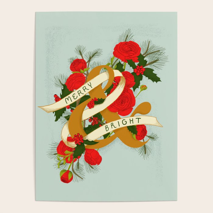 Merry and Bright Christmas Print - Soft Blue Poster Gallery Image 1