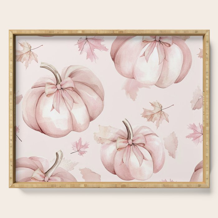 Blush Pink Autumn Fall Pumpkins Watercolor All Over Serving Tray Gallery Image 1