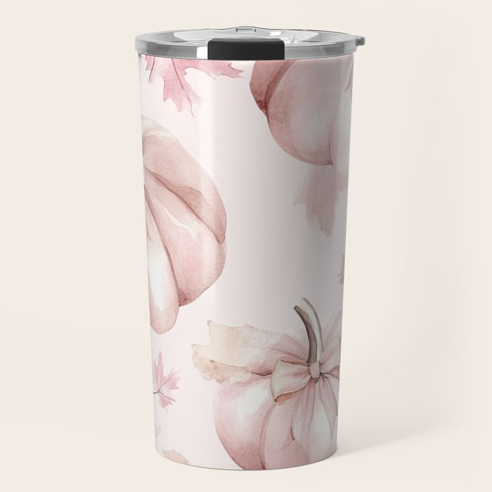 Blush Pink Autumn Fall Pumpkins Watercolor All Over Travel Mug Gallery Image 1