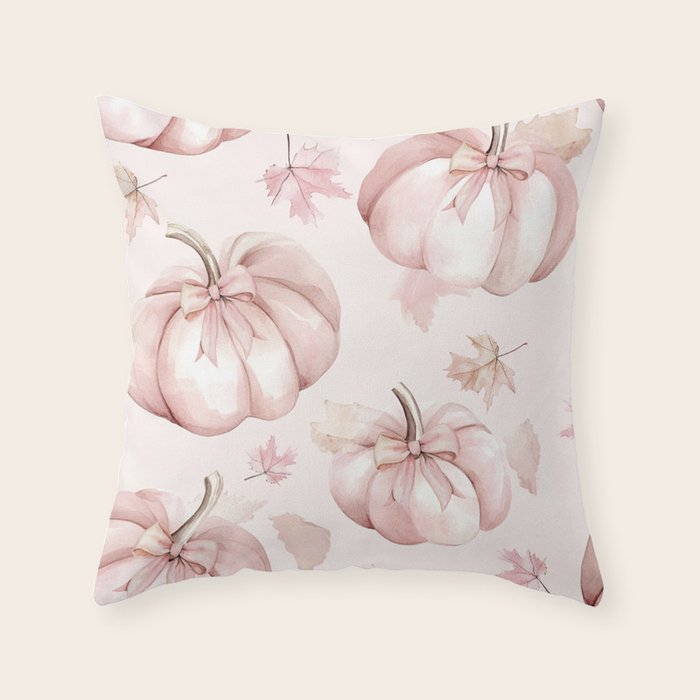 Blush Pink Autumn Fall Pumpkins Watercolor All Over Throw Pillow Gallery Image 1