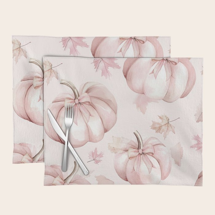 Blush Pink Autumn Fall Pumpkins Watercolor All Over Placemat Gallery Image 1