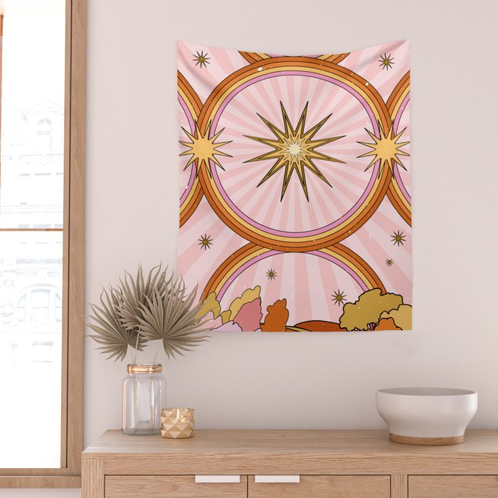 Hippie pink rainbow and sun, abstract landscape Wall Tapestry Gallery Image 2