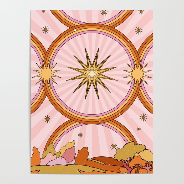 Hippie pink rainbow and sun, abstract landscape Poster Gallery Image 1