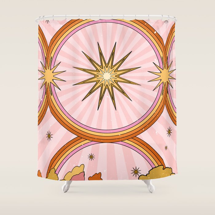 Hippie pink rainbow and sun, abstract landscape Shower Curtain Gallery Image 1
