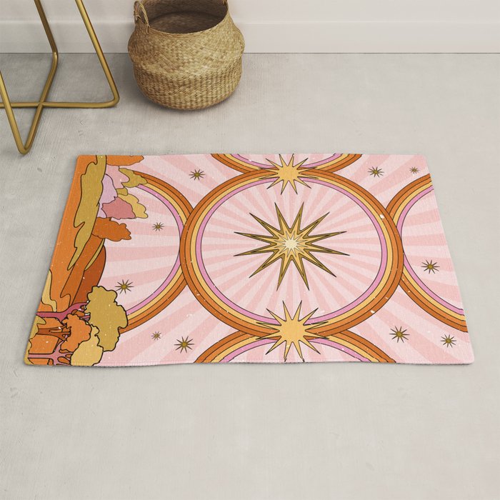 Hippie pink rainbow and sun, abstract landscape Rug Gallery Image 1