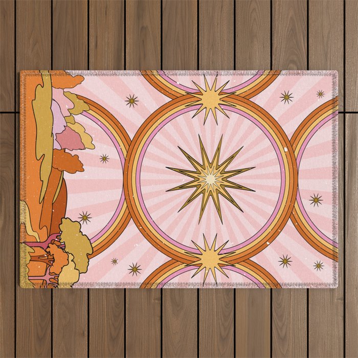 Hippie pink rainbow and sun, abstract landscape Outdoor Rug Gallery Image 1