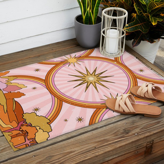 Hippie pink rainbow and sun, abstract landscape Outdoor Rug Gallery Image 2