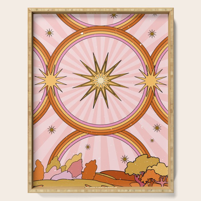 Hippie pink rainbow and sun, abstract landscape Serving Tray Gallery Image 1
