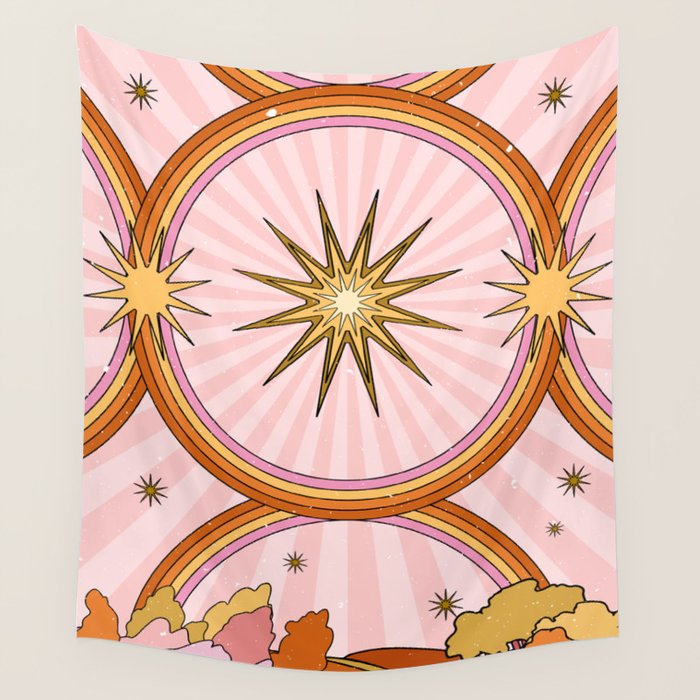 Hippie pink rainbow and sun, abstract landscape Wall Tapestry Gallery Image 1