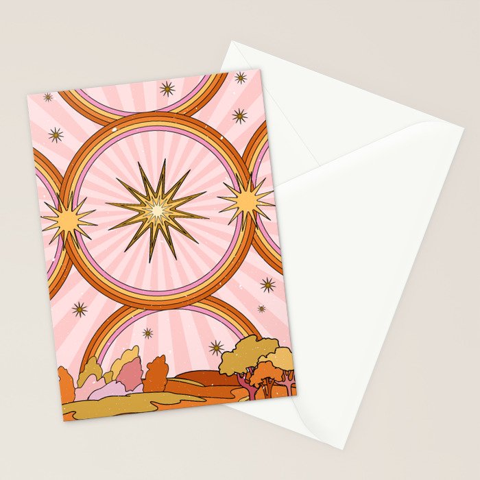 Hippie pink rainbow and sun, abstract landscape Stationery Card Gallery Image 2