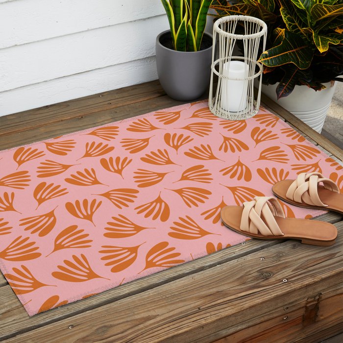 Blush Pink and Orange Wispy Leaves Contemporary Abstract Pattern Outdoor Rug Gallery Image 2