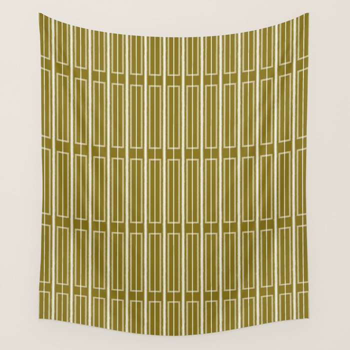 Mid Century Modern Geo Box Striped Geometric Pattern in Vintage Olive Green Wall Tapestry Gallery Image 4