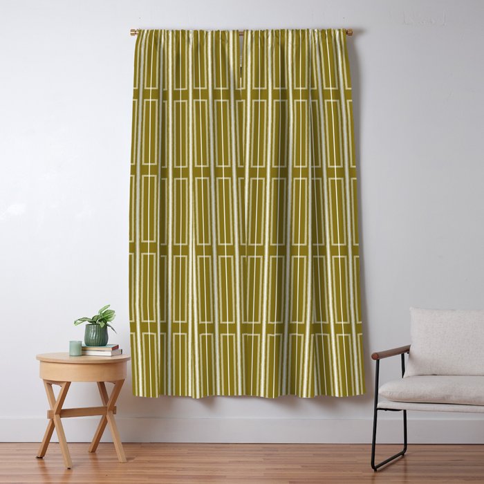 Mid Century Modern Geo Box Striped Geometric Pattern in Vintage Olive Green Window Curtain Gallery Image 5