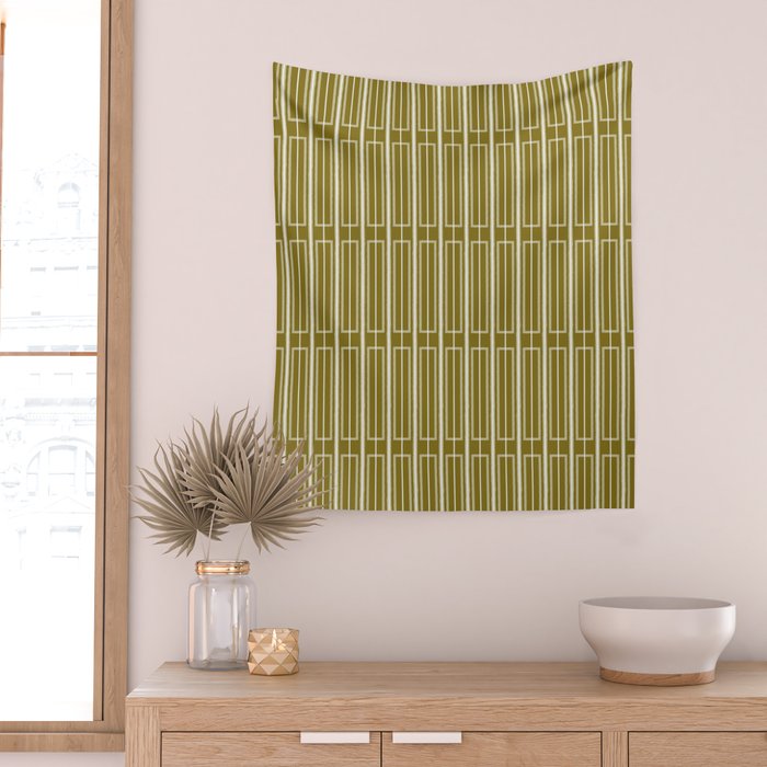 Mid Century Modern Geo Box Striped Geometric Pattern in Vintage Olive Green Wall Tapestry Gallery Image 2