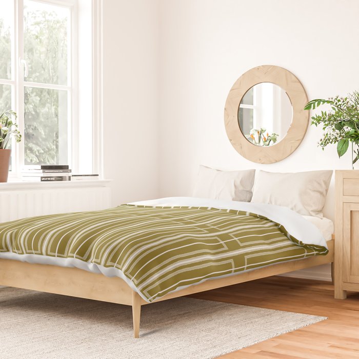 Mid Century Modern Geo Box Striped Geometric Pattern in Vintage Olive Green Duvet Cover Gallery Image 2