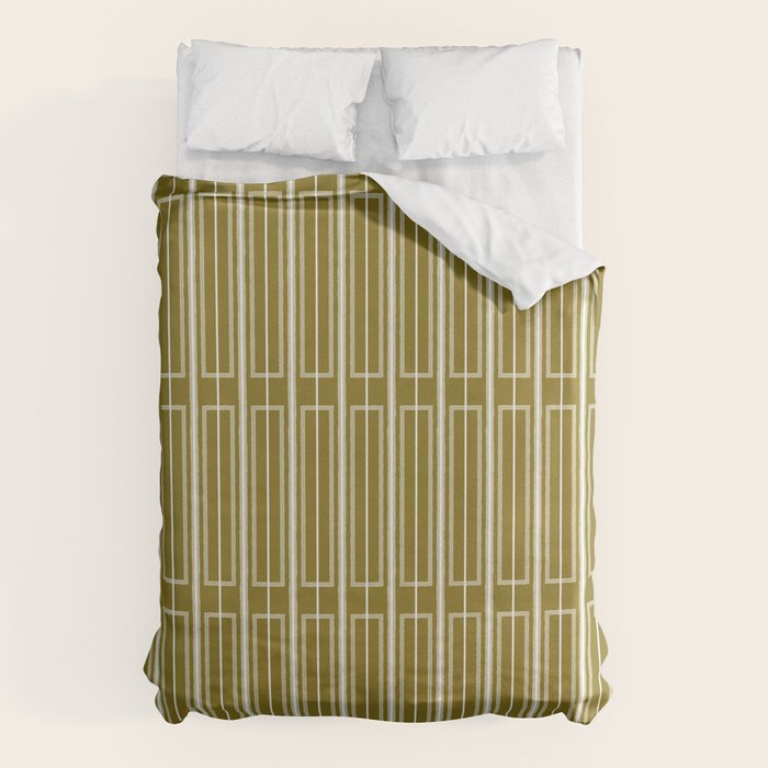 Mid Century Modern Geo Box Striped Geometric Pattern in Vintage Olive Green Duvet Cover Gallery Image 1