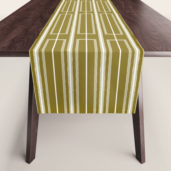 Mid Century Modern Geo Box Striped Geometric Pattern in Vintage Olive Green Table Runner Gallery Image 1