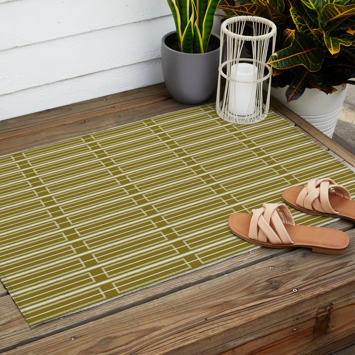 Mid Century Modern Geo Box Striped Geometric Pattern in Vintage Olive Green Outdoor Rug Gallery Image 2