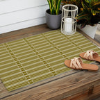 Mid Century Modern Geo Box Striped Geometric Pattern in Vintage Olive Green Outdoor Rug Gallery Image 2