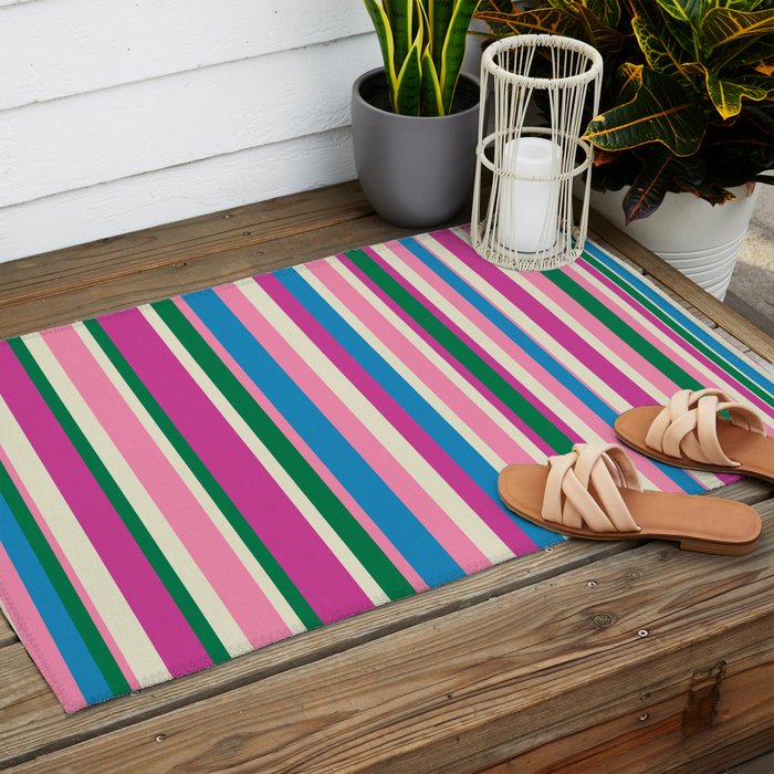 Colorful Retro Modern Vertical Stripe Pattern Pink Blue Green Magenta Outdoor Rug Gallery Image 2