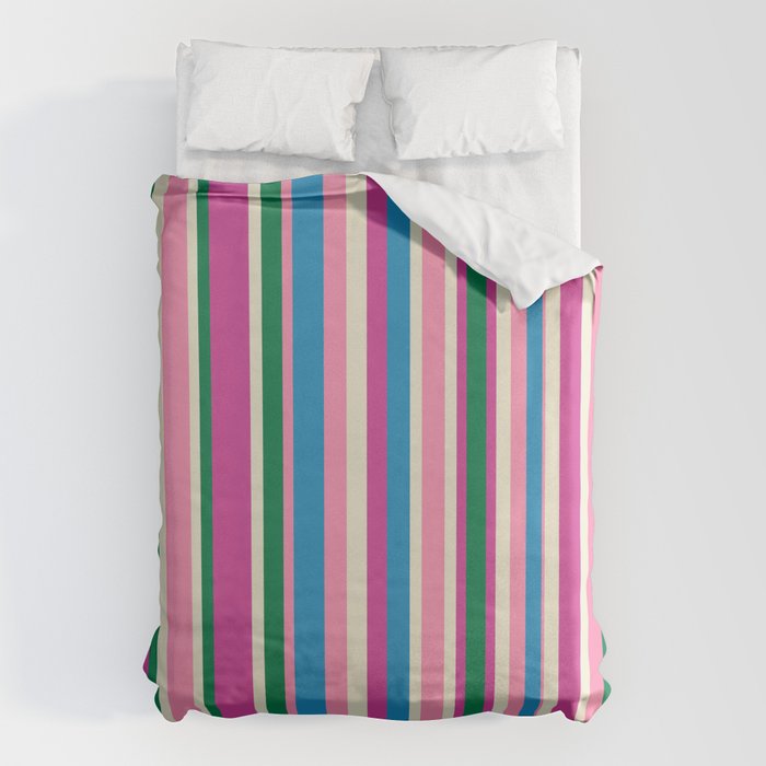 Colorful Retro Modern Vertical Stripe Pattern Pink Blue Green Magenta Duvet Cover Gallery Image 1