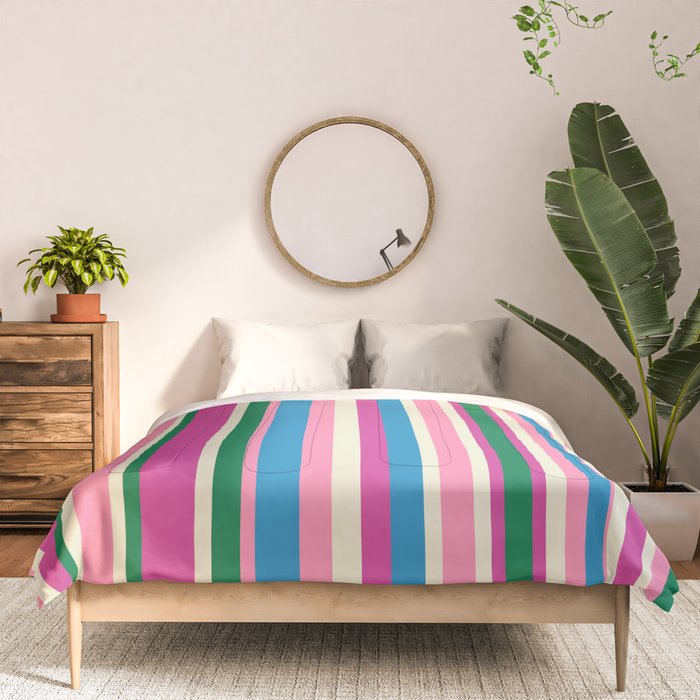 Colorful Retro Modern Vertical Stripe Pattern Pink Blue Green Magenta Comforter Gallery Image 3