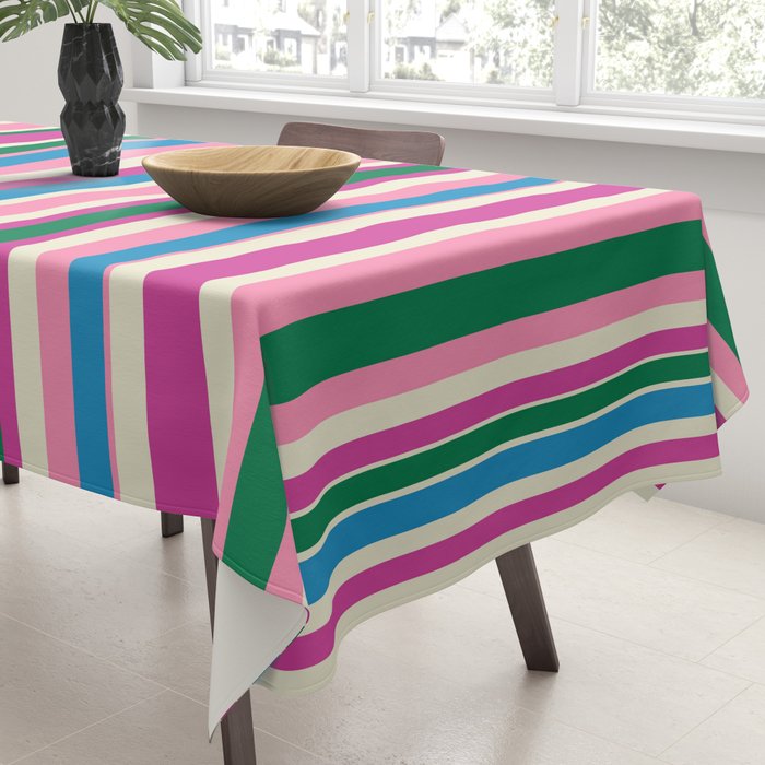 Colorful Retro Modern Vertical Stripe Pattern Pink Blue Green Magenta Tablecloth Gallery Image 3