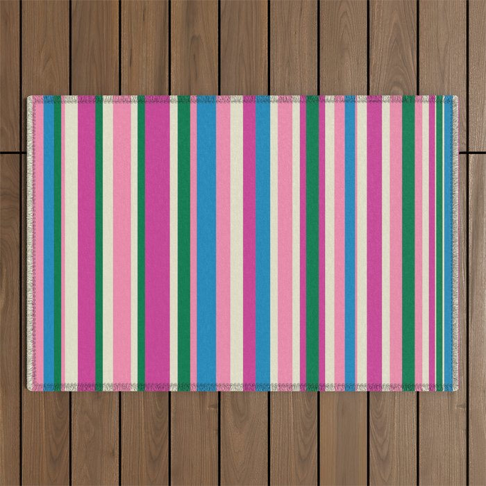 Colorful Retro Modern Vertical Stripe Pattern Pink Blue Green Magenta Outdoor Rug Gallery Image 1