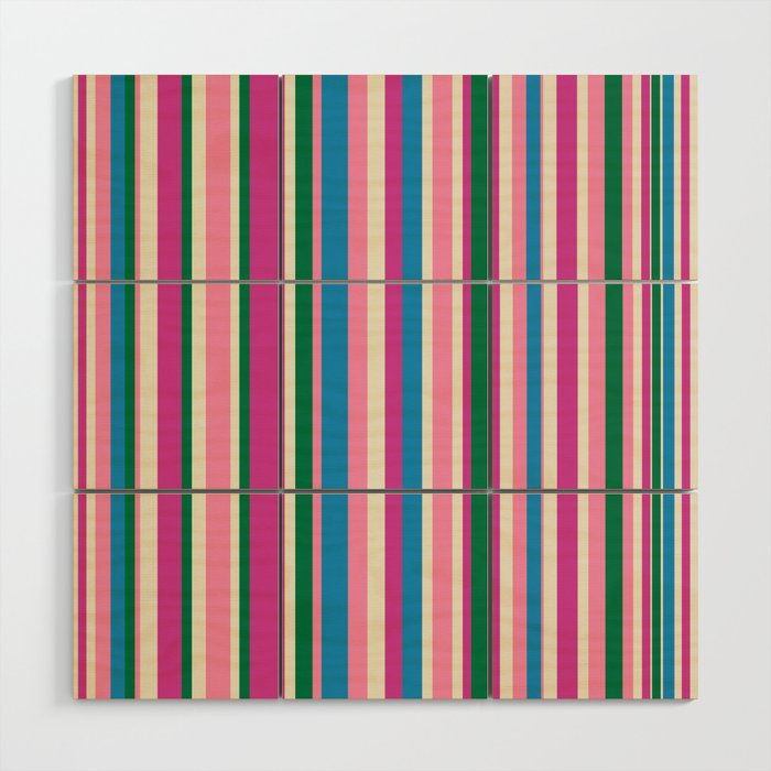 Colorful Retro Modern Vertical Stripe Pattern Pink Blue Green Magenta Wood Wall Art Gallery Image 1