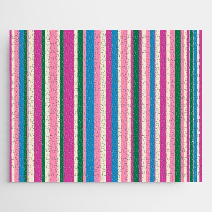 Colorful Retro Modern Vertical Stripe Pattern Pink Blue Green Magenta Jigsaw Puzzle Gallery Image 1