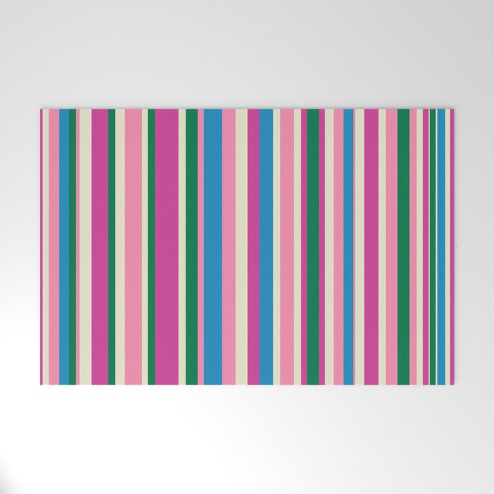 Colorful Retro Modern Vertical Stripe Pattern Pink Blue Green Magenta Welcome Mat Gallery Image 1