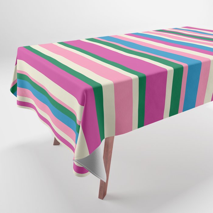 Colorful Retro Modern Vertical Stripe Pattern Pink Blue Green Magenta Tablecloth Gallery Image 1