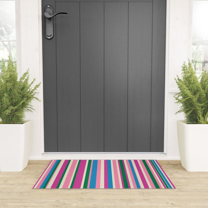 Colorful Retro Modern Vertical Stripe Pattern Pink Blue Green Magenta Welcome Mat Gallery Image 3
