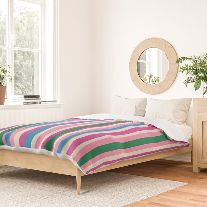 Colorful Retro Modern Vertical Stripe Pattern Pink Blue Green Magenta Duvet Cover Gallery Image 2
