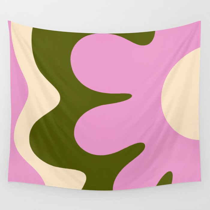 Happy Flower Retro 60s 70s Vibe Pink Green Cream Wall Tapestry Gallery Image 4