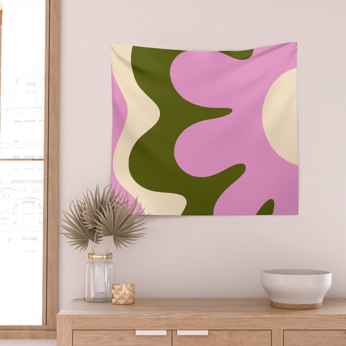 Happy Flower Retro 60s 70s Vibe Pink Green Cream Wall Tapestry Gallery Image 2