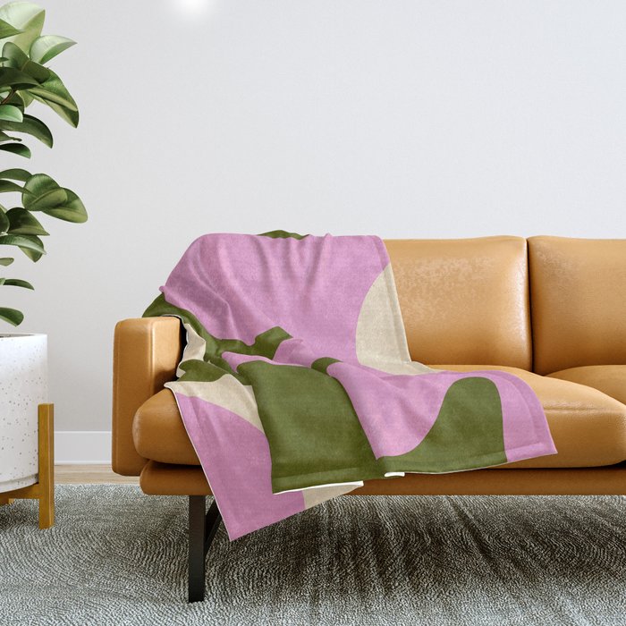 Happy Flower Retro 60s 70s Vibe Pink Green Cream Throw Blanket Gallery Image 1