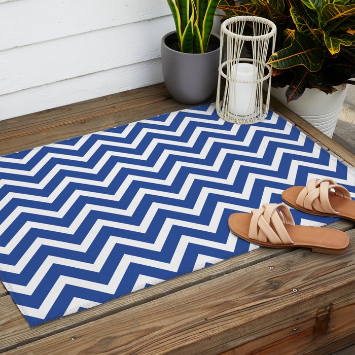 blue, white zig zag pattern design Outdoor Rug Gallery Image 2