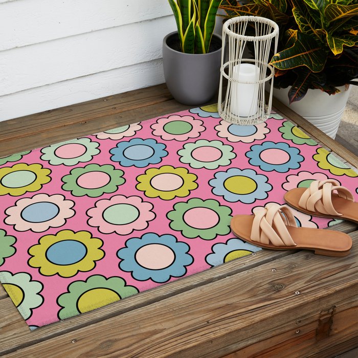 Happy Flowers Pink Pastel Spring Pattern Outdoor Rug Gallery Image 2