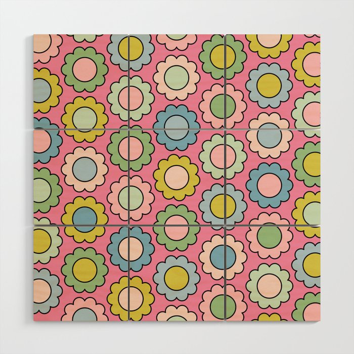 Happy Flowers Pink Pastel Spring Pattern Wood Wall Art Gallery Image 1
